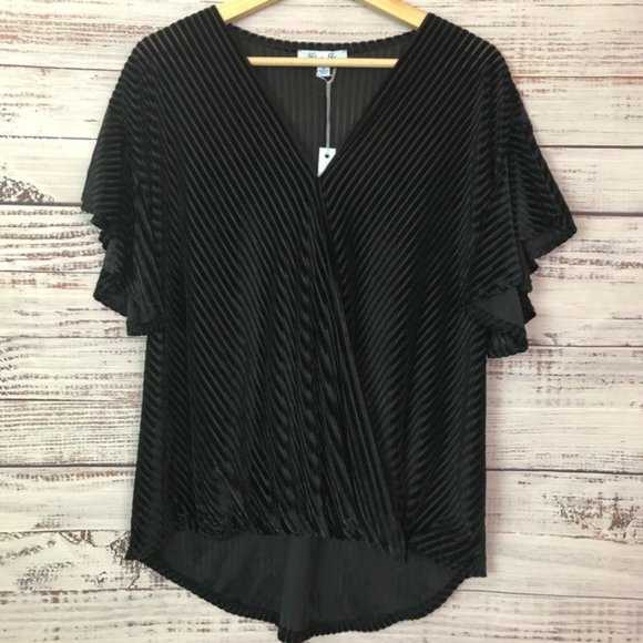 She and Sky Tops - She and Sky Black Velvet Striped Crossover Top